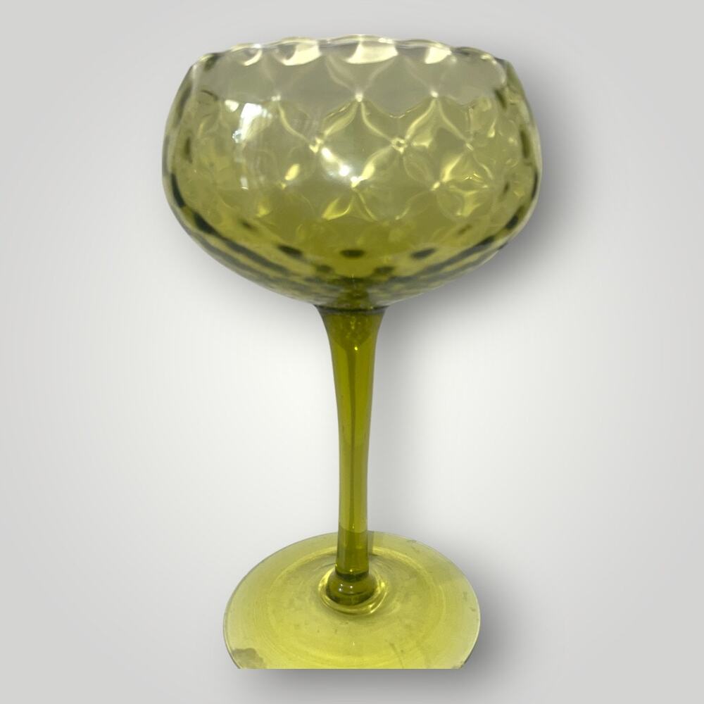 VTG Green Gold Long Stemmed Mid Century Optic Glass Tall Compote-Italian Empoli